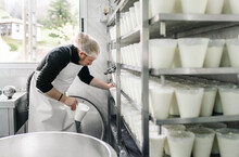 Mature Male Entrepreneur Arranging Cheese Containers In Rack At Storage Room