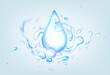 Blue drop with water splashes. Realistic 3d vector Illustration of fluid splashing isolated on light background. Liquid waves with swirls, clear pure aqua element with spray droplets. Hydration ad.