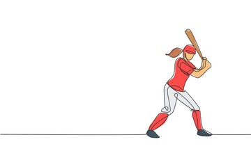 Wall Mural - One single line drawing of young energetic woman baseball player practice to hit the ball vector illustration. Sport training concept. Modern continuous line draw design for baseball tournament banner