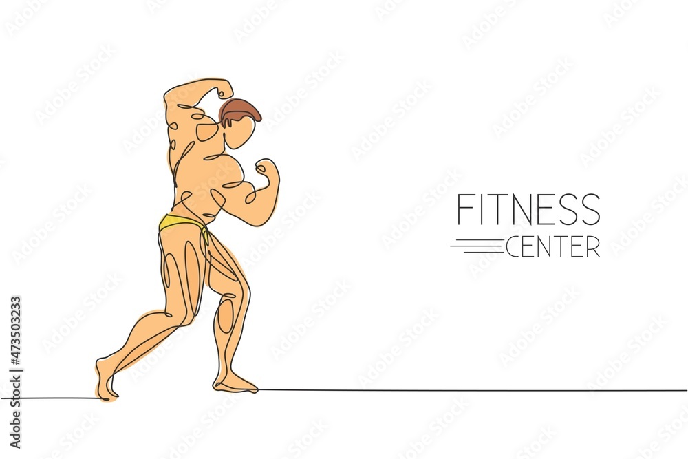 One single line drawing of young energetic model man bodybuilder posed ...