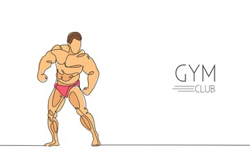 Wall Mural - One continuous line drawing of young strong model man bodybuilder. Fitness center gym logo concept. Dynamic single line draw design vector graphic illustration for bodybuilding competition contest