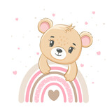 Cute teddy bear girl on a rainbow. Vector illustration of a cartoon.