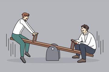 Business rivalry and competition concept. Two businessmen opponents sitting riding on swings trying to outweight one another vector illustration 