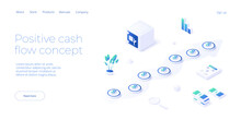 Cash Flow Or Cashflow Vector Illustration In Isometric Design. Money Management Or Financial Plan Concept With Safe And Graph. Web Banner Layout.