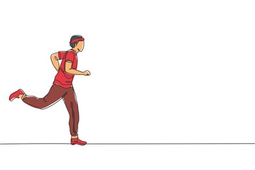 Wall Mural - One continuous line drawing of young sporty runner man relax running at countryside. Healthy lifestyle and fun jogging sport concept. Dynamic single line draw design vector graphic illustration