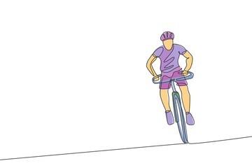 Canvas Print - Single continuous line drawing young agile man cyclist focus training his endurance. Sport lifestyle concept. Trendy one line draw design vector illustration graphic for cycling race promotion media