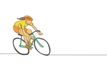 Wall Mural - One continuous line drawing young sporty woman bicycle racer pedaling her bike so fast. Road cyclist concept. Dynamic single line draw design vector illustration graphic for cycling competition poster