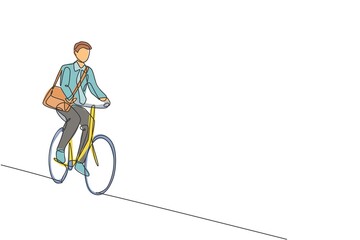 Wall Mural - One continuous line drawing of young professional manager man cycling ride bicycle to his office. Healthy working urban lifestyle concept. Dynamic single line draw design vector illustration graphic