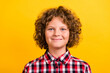 © deagreez - Photo of lovely red hairdo little boy wear plaid shirt isolated on yellow color background