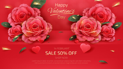 Wall Mural - Valentines Day Background, Red Shelves with realistic rose element and green leaf with golden ribbon, glitter light effect. banner template sale 50% off. 3d luxury style. Vector illustration.