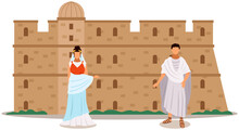 Rome Fortress, Ancient Inhabitants City Dwellers Stand Near Antique Building In Square. Roman Citizens Dressed In National Costumes Greek Woman And Man Stand Near Destroyed Monument Of Architecture