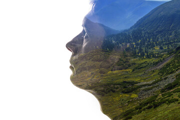 Wall Mural - Combination of the silhouette of a man face and a landscape with mountains. Connection between man and nature