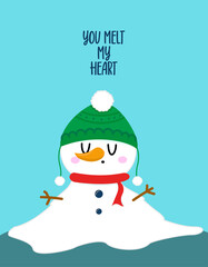 Sticker - You melt my Heart - greeting card with phrase for Christmas. Hand drawn lettering for Xmas greetings cards, invitations. Good for t-shirt, mug, gift, printing press. Valentine's Day Card.