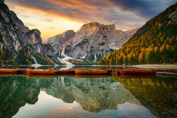 Lago di Braies lake and Seekofel peak at sunrise, Dolomites. Italy