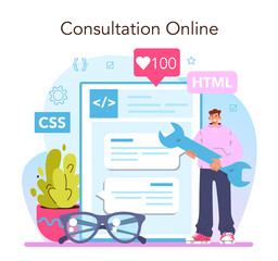Website development online service or platform. HTML coding process.