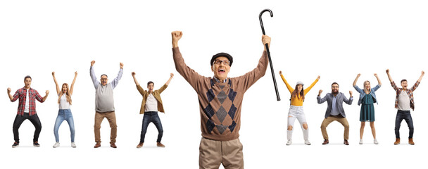 Sticker - Elderly man with a cane cheering and other people behind raising arms with happiness