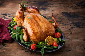 Wall Mural - Festive celebration chicken with herbs for Thanksgiving or Christmas on wooden background.