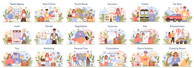 Wall Mural - Tour agent concept set. Tourism around the world organization. Travel agent