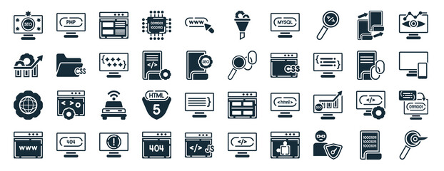 set of 40 filled programming web icons in glyph style such as php, seo growth, cyberspace, web page,