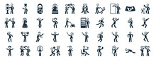 Set Of 40 Filled People Web Icons In Glyph Style Such As Chef Uniform, Two Men With Cocktail Glasses, Man Hearing, Man With Afro Hair Style, Man Playing A Flute, Validating Ticket, Hugging Icons