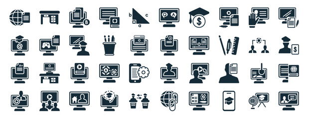 Wall Mural - set of 40 filled e learning and education web icons in glyph style such as teacher desk, elearning, 
