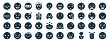 Set Of 40 Filled Emoji Web Icons In Glyph Style Such As Tongue Out Emoji, Nerd Emoji, Smile Kissing With Closed Eyes Embarrassed Excited Weird Icons Isolated On White Background