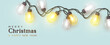 © lauritta - Christmas minimal festive background. Realistic 3d holiday design, decoration light glass garlands yellow and white lamps. New year blue banner, web poster, website header. Vector illustration