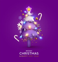 Christmas Sparkling Bright Tree. Merry Christmas, Happy New Year. Realistic 3d Design Of Objects, Light Garland, Snowflake, Candy Cane, Purple Colors Composition. Lilac Background. Vector Illustration