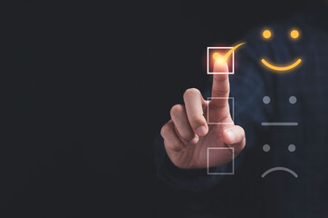 Poster - Client touching to tick mark and select smile icon for customer evaluation after use product and service concept.