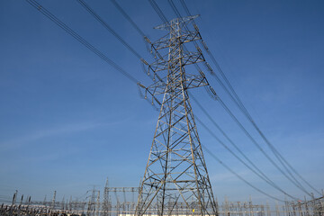 High voltage pole against clear blue sky background