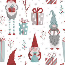 Christmas Pattern With Scandinavian Gnomes, Gifts, And Xmas Tree Branches Isolated On White Background. Hand Drawn Vector Illustration For Wrapping Paper, Textile, Wallpaper, Cards