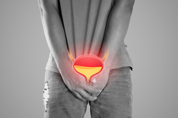 Man wants to pee and is holding his bladder, Urinary incontinence concept.