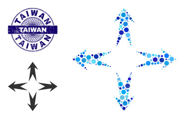 Round dot composition expand arrows icon and TAIWAN round dirty stamp. Blue stamp includes TAIWAN title inside circle and guilloche decoration. Vector mosaic is based on expand arrows icon,