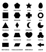 2D Black Shapes Set With Vocabulary In English With Their Name. Clip Art Collection For Child Learning, Geometric Shapes Flash Card Of Preschool Kids, Simple Symbol Geometric Shapes For Kindergarten