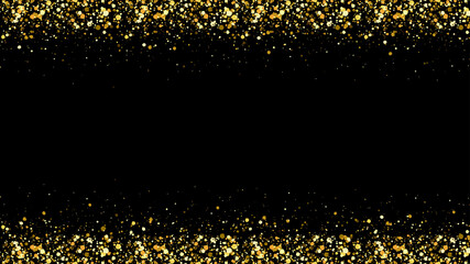 Glitter christmas border. Gold glowing sparkle frame on empty black background