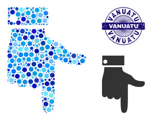 Round dot collage hand pointer down icon and VANUATU round rubber stamp print. Blue stamp includes VANUATU title inside circle and guilloche pattern.