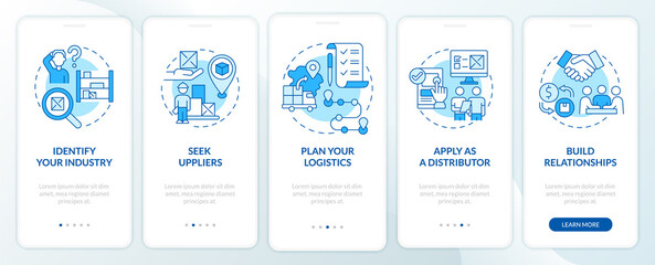 Wholesale business steps onboarding mobile app page screen. Startup walkthrough 5 steps graphic instructions with concepts. UI, UX, GUI vector template with linear color illustrations