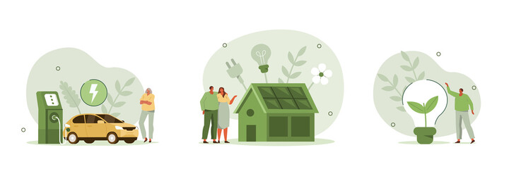 green energy illustration set. modern eco private house with solar energy panels and smart home tech