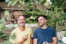 Father And Son Holding Granny Smith Apple While Standing In Backyard