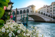 Sunrise at Rialto Bridge above Grand Canal in Venice with white flowers in foreground