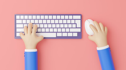 3d cartoon hands are using the keyboard and mouse with a simple design on pink background, hands on keyboard, virtual keyboard and mouse with hands, copy space, top view, 3d render illustration