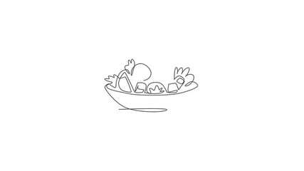 Wall Mural - Animation of one line drawing of fresh healthy vegetables salad logo. Organic food cafe menu and restaurant badge concept. Continuous line self draw animated street food logotype. Full length motion.