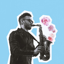 Contemporary Art Collage, Modern Design. Retro Style. Stylish Man Playing Saxophone On Light Background