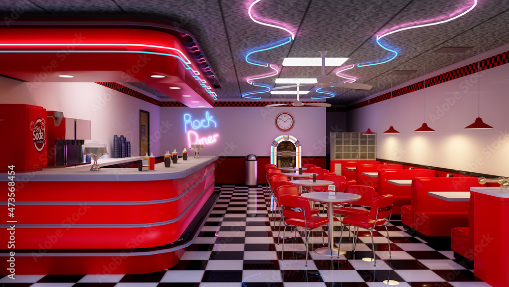 3D illustration of a 1950s vintage American diner interior. Adobe Stock