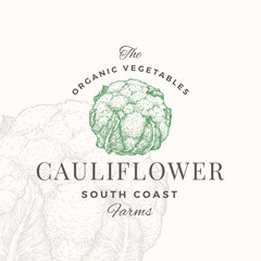 Wall Mural - cauliflower badge or logo template. hand drawn vegetable sketch with retro typography. premium plant