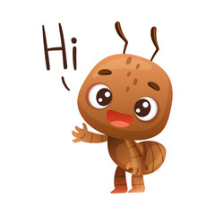 Canvas Print - Cute brown little ant saying Hi. Funny insect cartoon character vector illustration