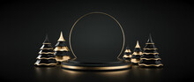 Modern Black And Golden Podium / Stage With Christmas Trees On Black Background. Empty Space. New Year Concept - 3D Illustration	

