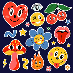 Wall Mural - Abstract shapes, funny comic cute characters and doodles stickers patches badges. Trendy modern style emoticons set. Vector illustration