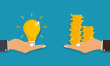 Hand Holds Light Bulb With Idea And Giving Receiving Golden Coins From Other Hand. Concept For Business Idea Sell, Buyer And Customer. Vector Illustration.