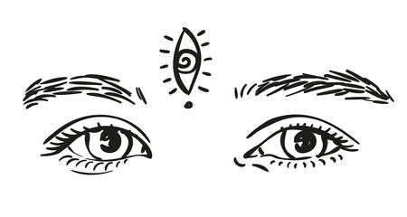 Sticker - Sketch of beautiful eyes of teenage girl with third eye, Hand drawn vector illustration isolated